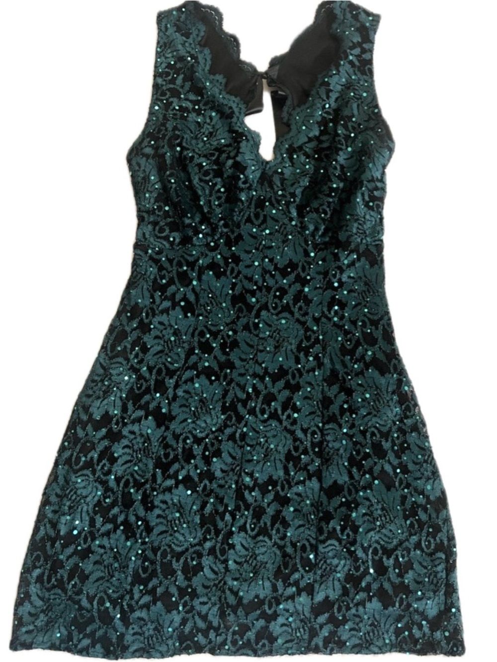 Sleeveless Teal Lace Mini Dress with V-Neck